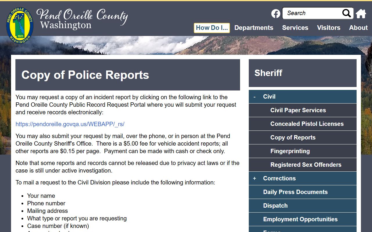 Pend Oreille County Sheriff page showing police report request process and fees