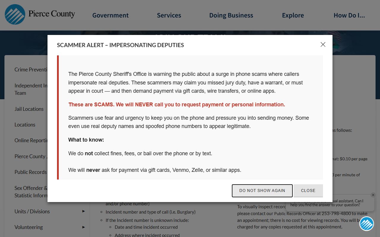 Pierce County public records request page showing fee schedule and submission options