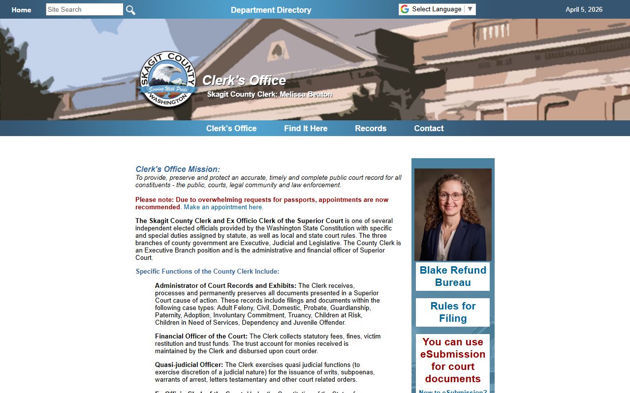 Skagit County Superior Court Clerk office page