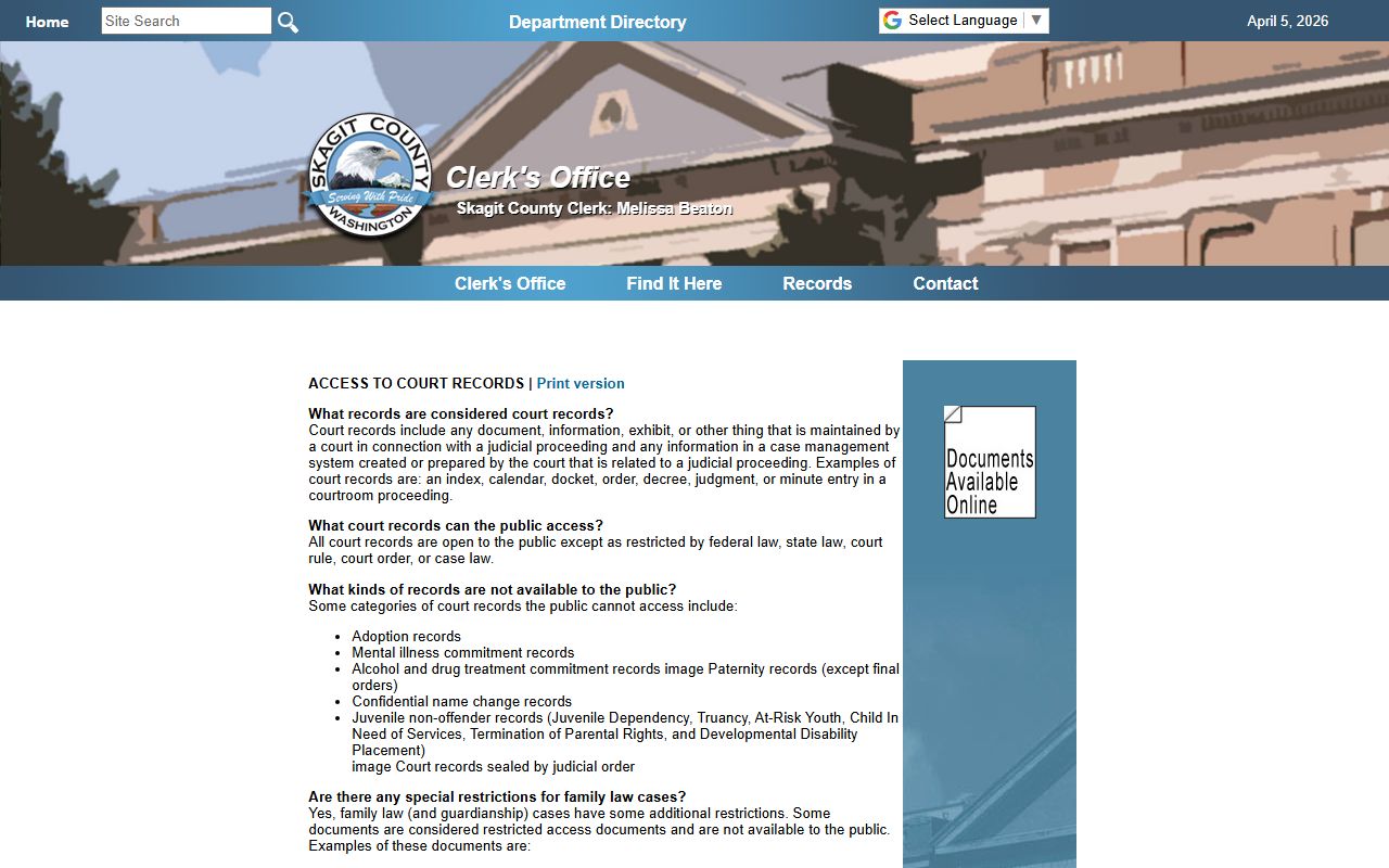 Skagit County court records access FAQ page