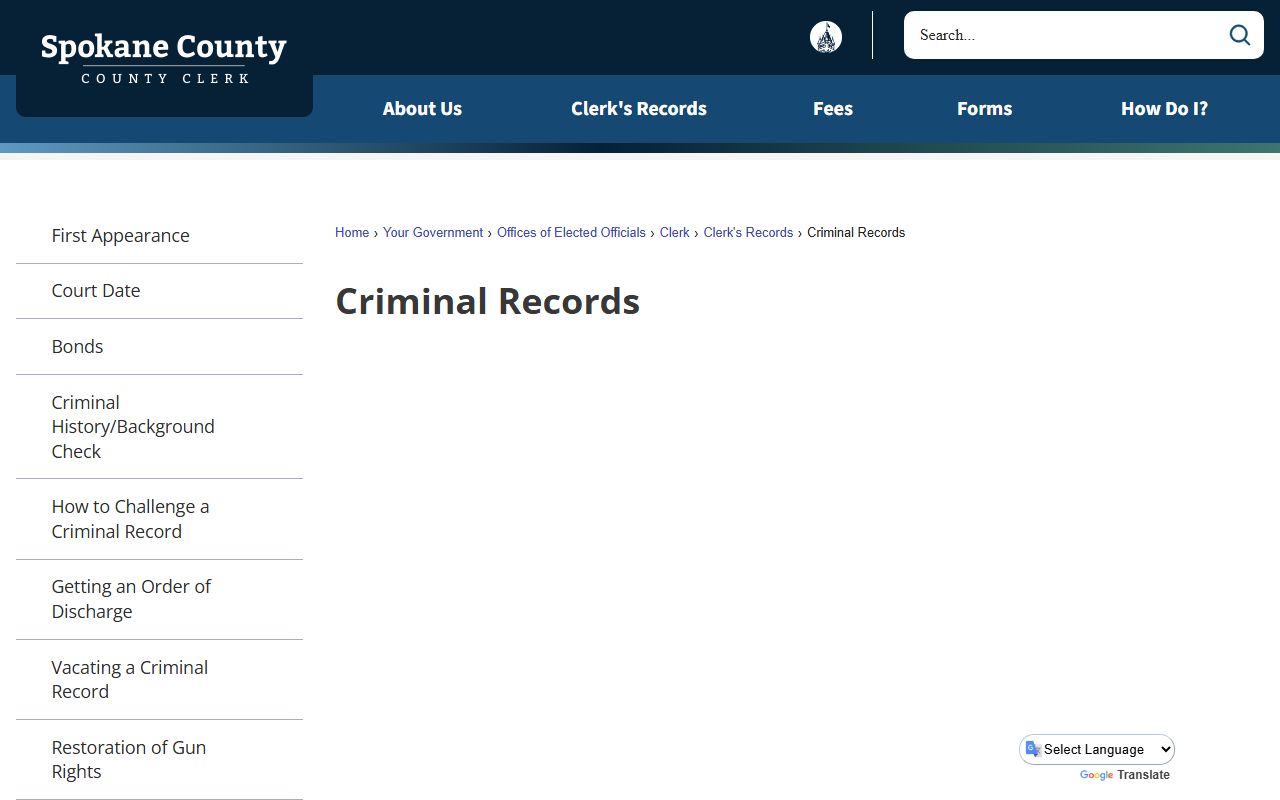 Spokane County criminal records page with fees and contacts