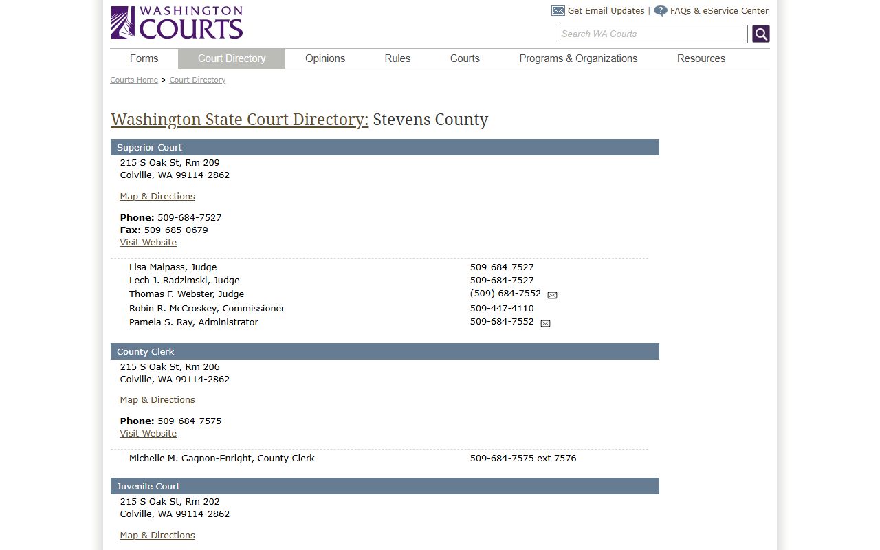 Stevens County Superior Court directory on Washington Courts website