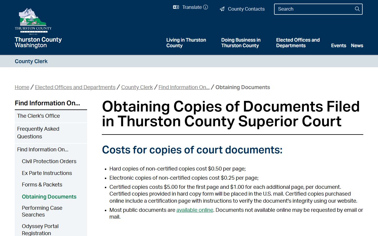 Thurston County guide for obtaining copies of Superior Court documents