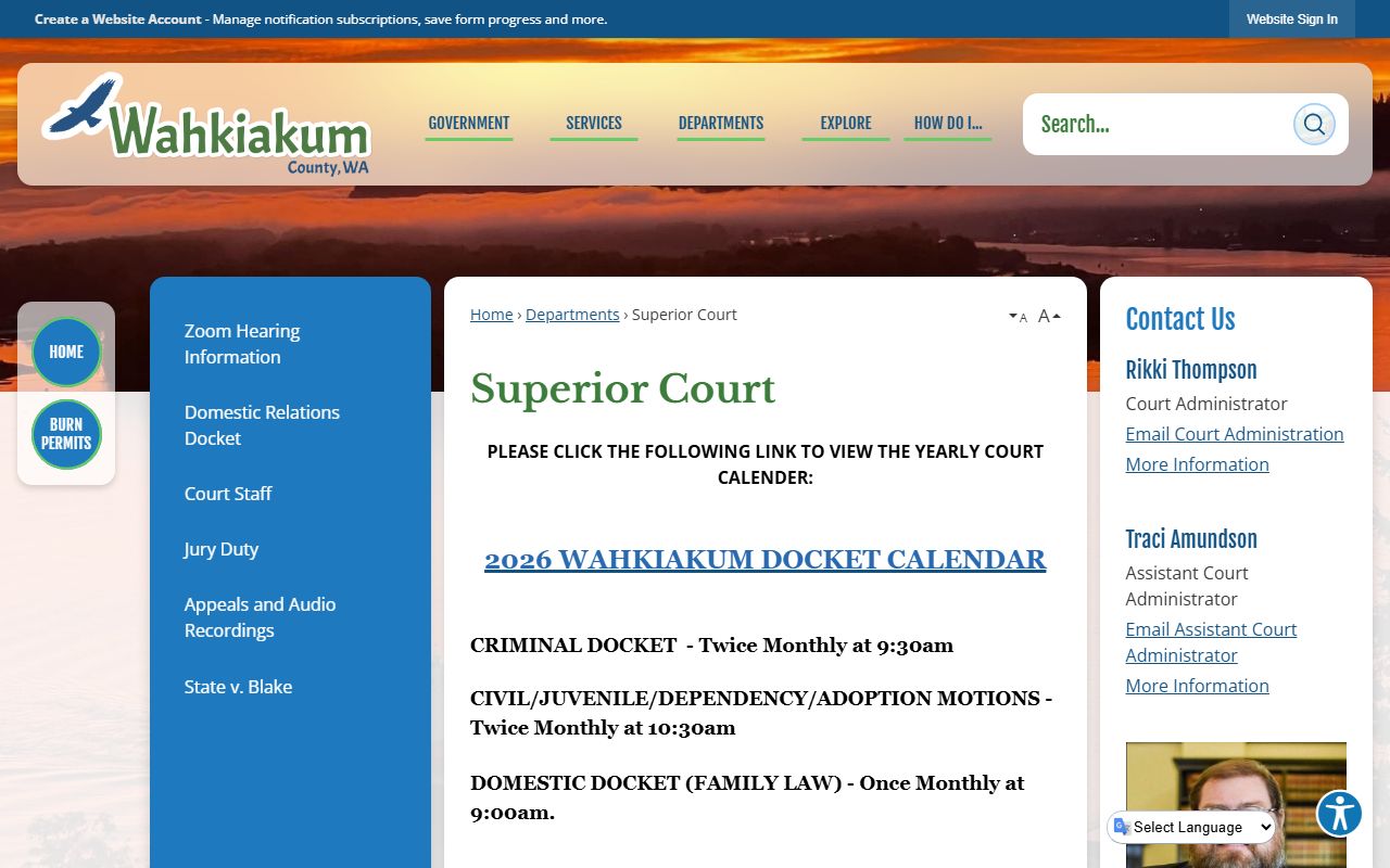 Wahkiakum County Superior Court page with docket schedule