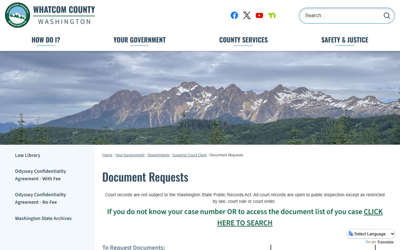 Whatcom County Superior Court document requests page