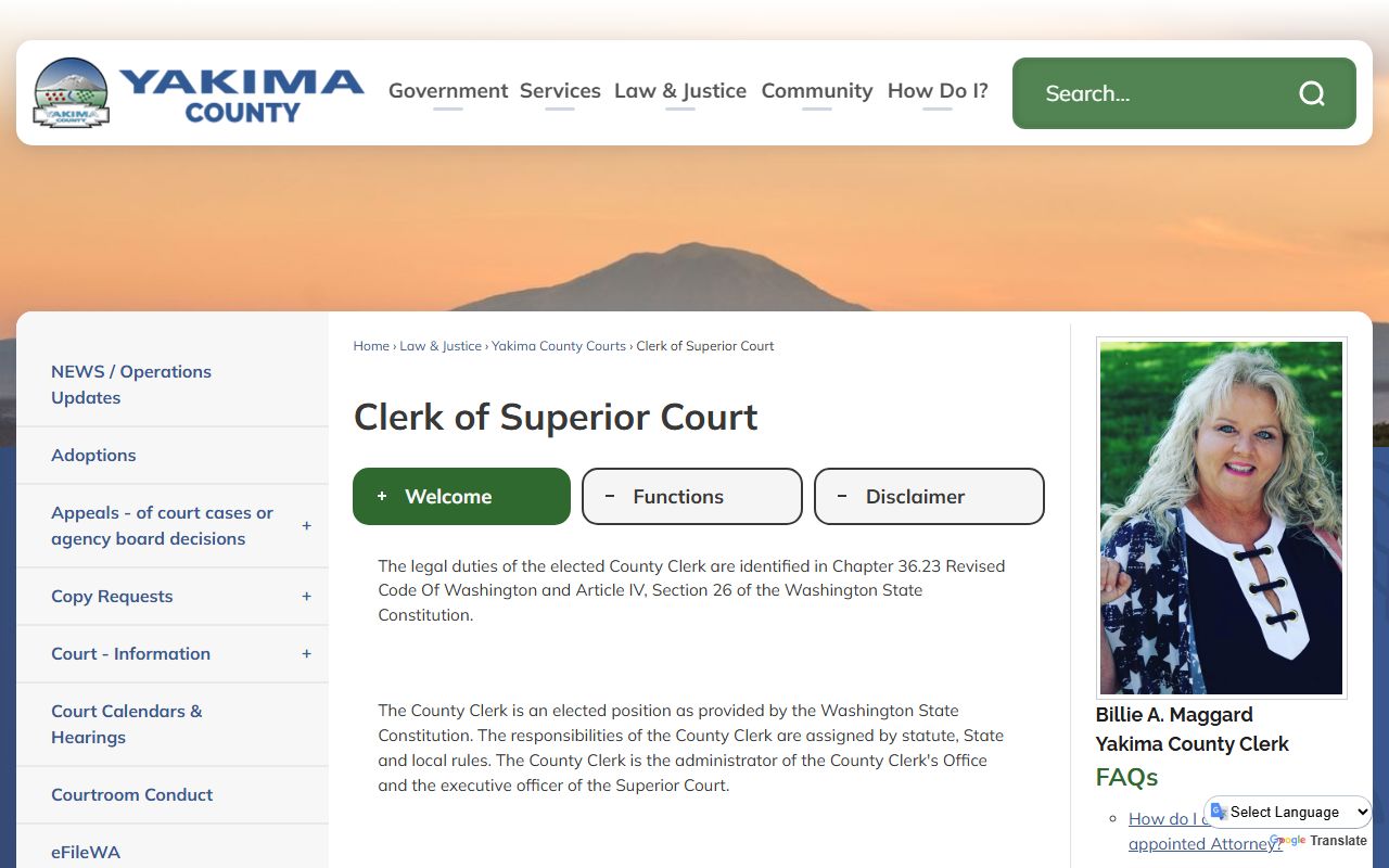 Yakima County Clerk of Superior Court page with contact information and records access details