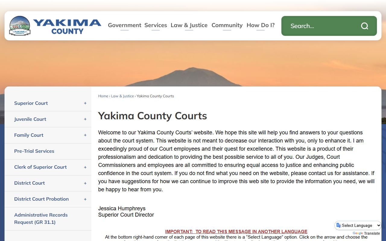 Yakima County Courts page showing Superior Court, District Court, and Juvenile Court information
