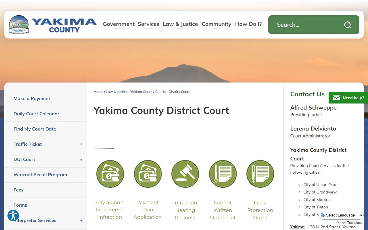 Yakima County District Court page showing Judge Schweppe and court jurisdiction information