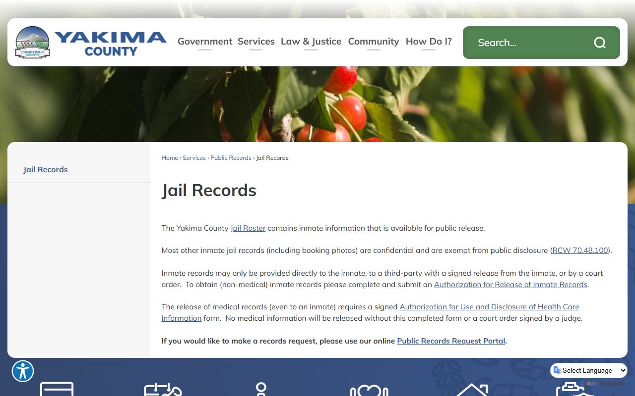 Yakima County Jail Records page with inmate roster access and RCW 70.48.100 confidentiality information