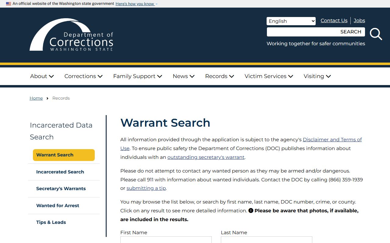Washington DOC warrant search for felony supervision violations