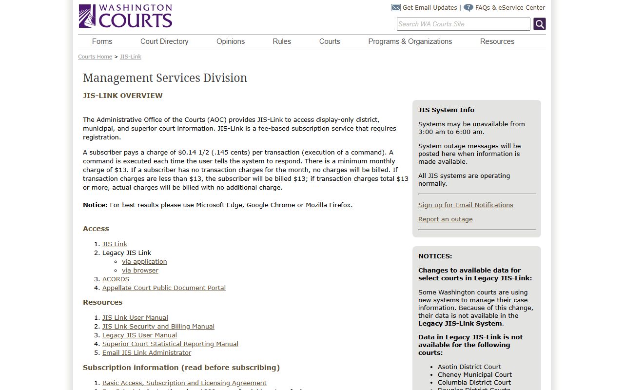 JIS-Link statewide court docket search for Washington felony cases