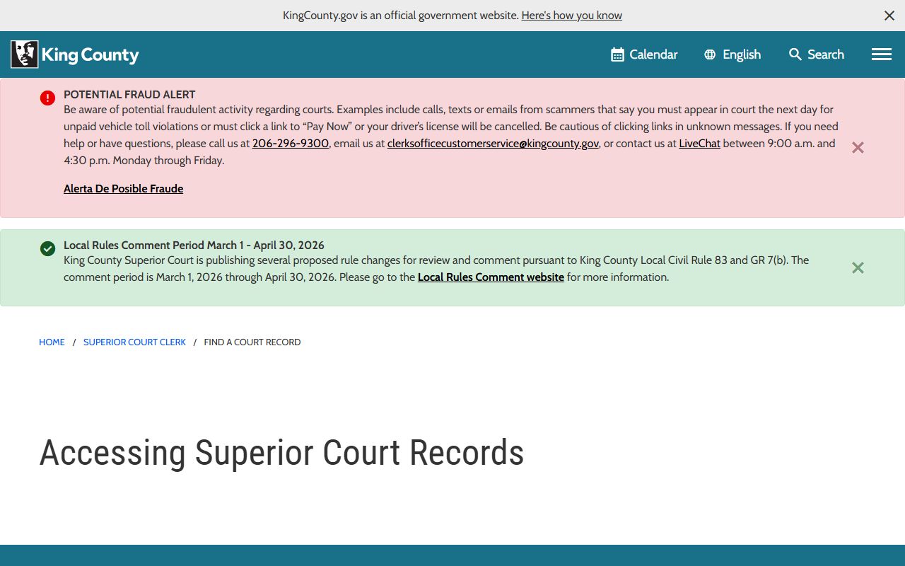 King County Superior Court records access information for felony cases