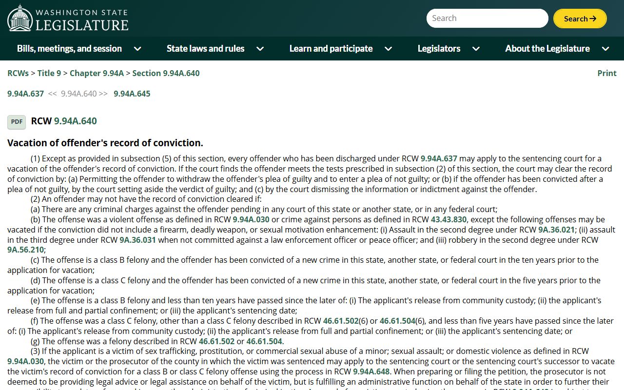 RCW 9.94A.640 vacation of conviction process for Washington felony records