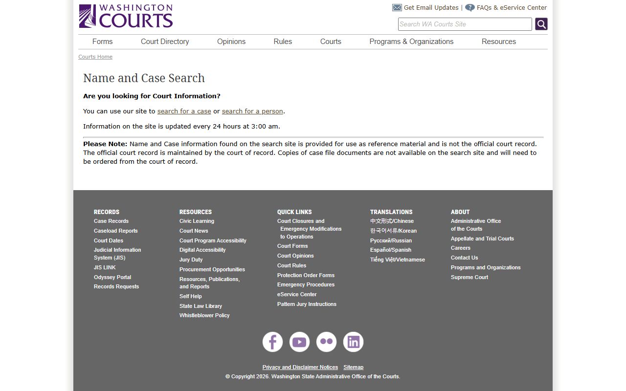 Washington State Courts name and case search for felony records